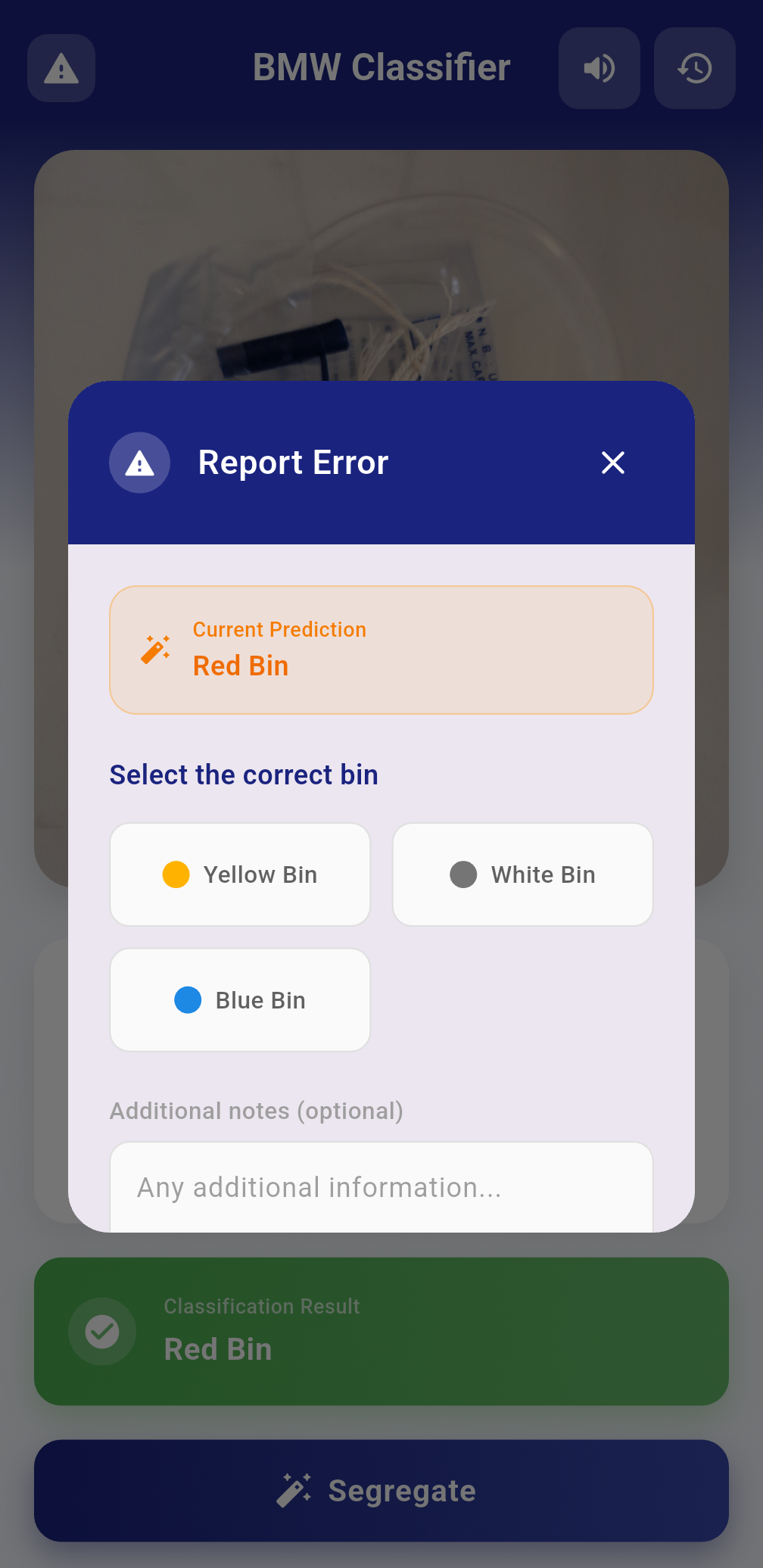 Report icon and error reporting interface